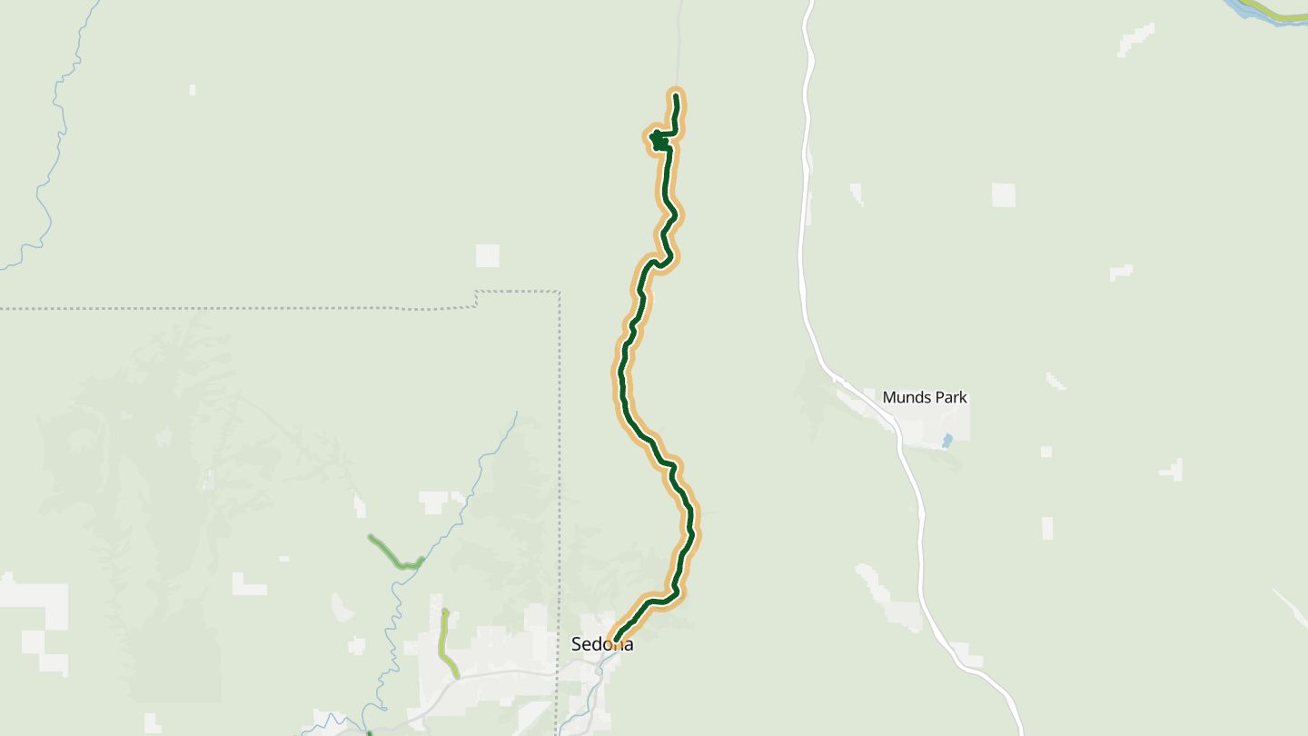 Map of Oak Creek Canyon Scenic Drive near Sedona, with the road highlighted