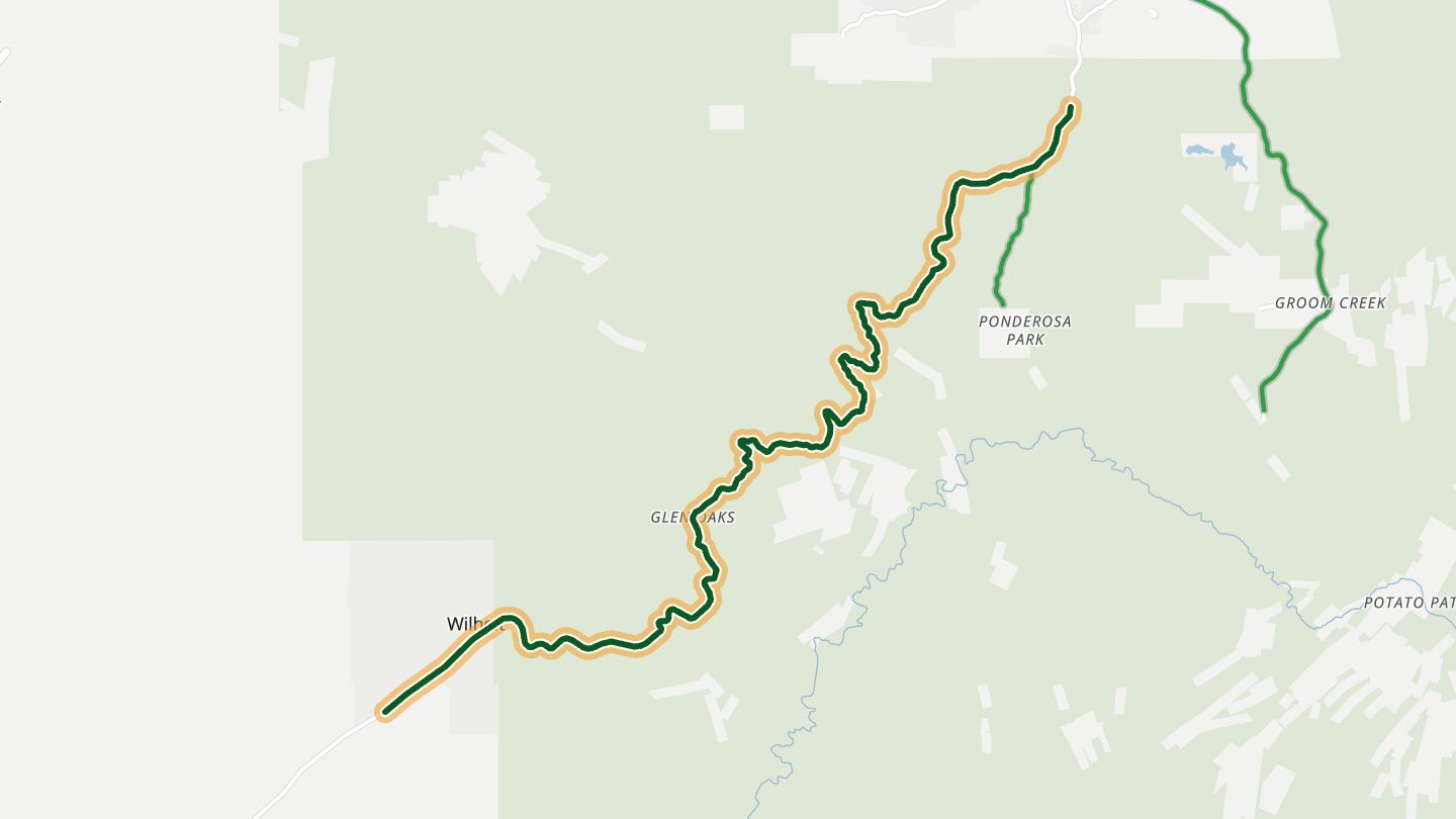 Map of Wickenburg-Prescott Highway near Peeples Valley, with the road highlighted