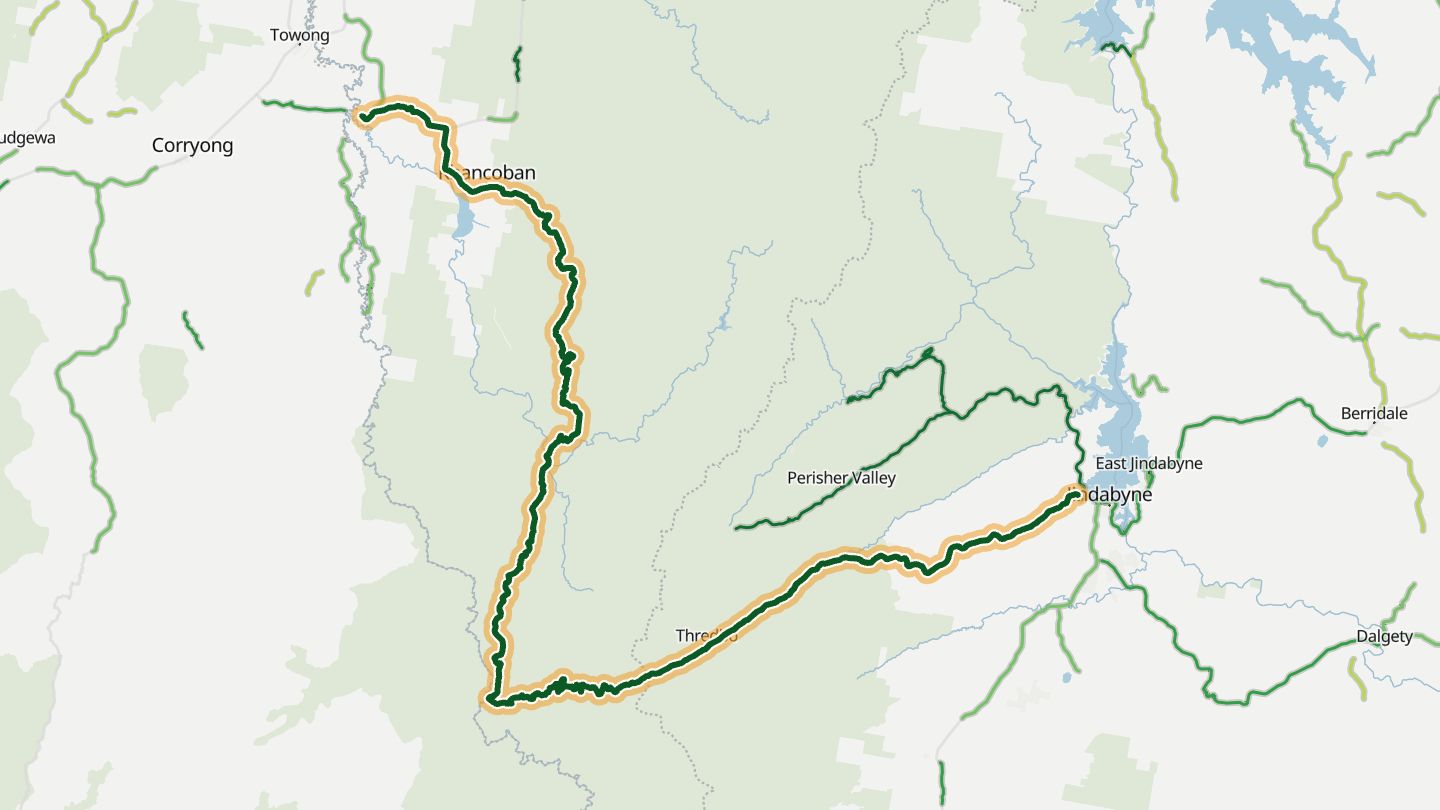 Map of Alpine Way near Thredbo, with the road highlighted