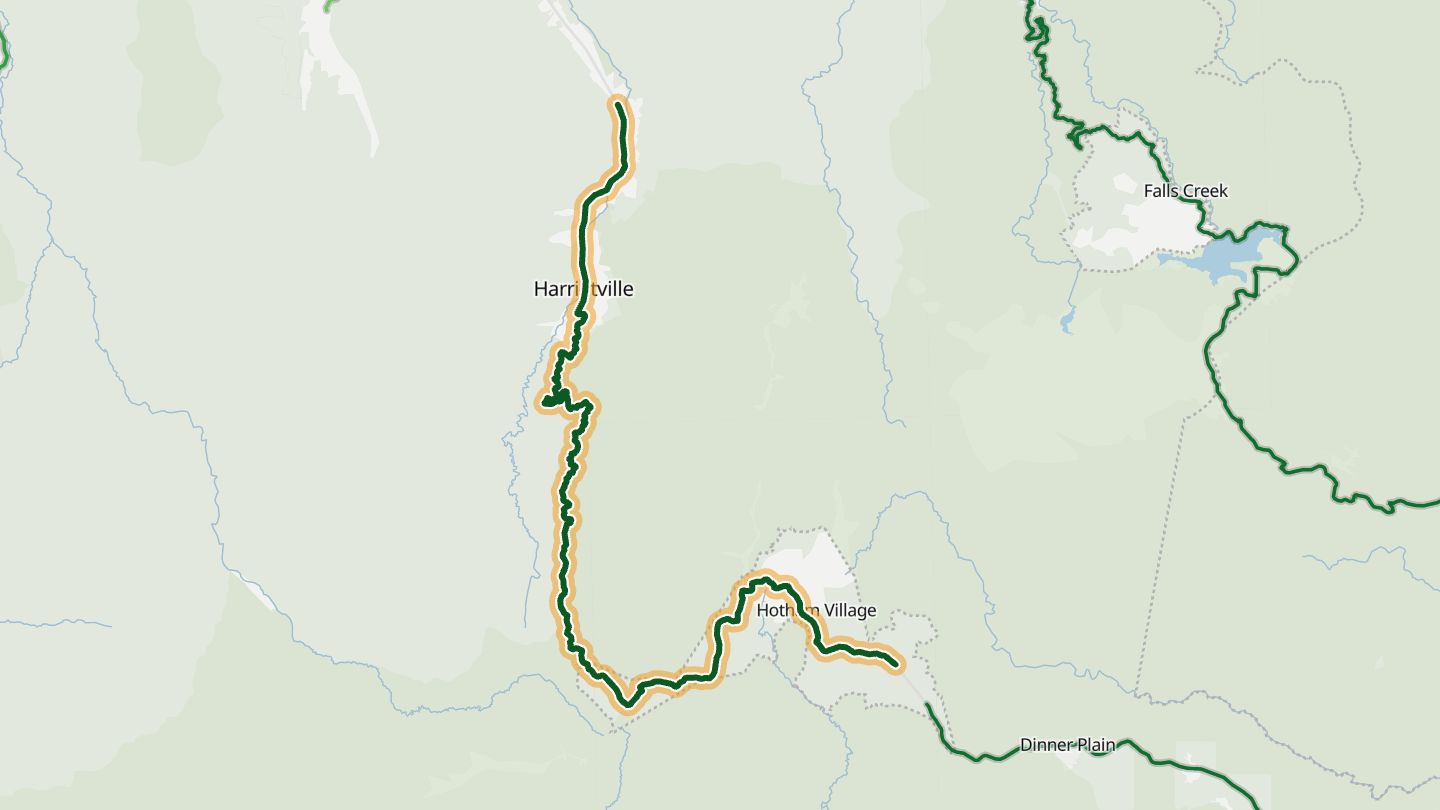 Map of Great Alpine Road near Harrietville, with the road highlighted