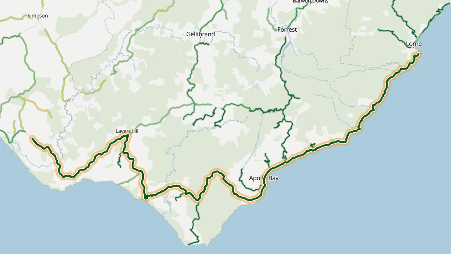 Map of Great Ocean Road near Apollo Bay, with the road highlighted