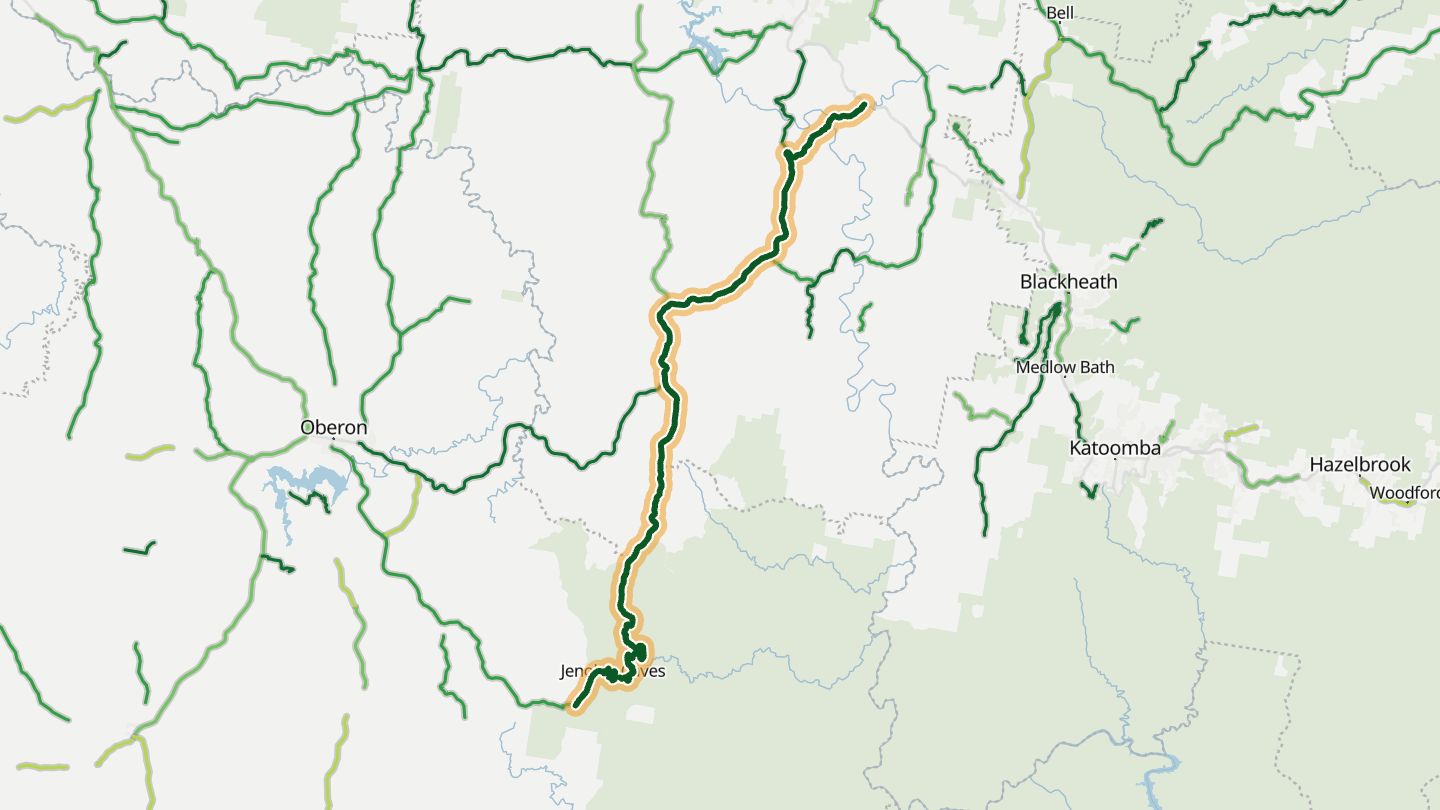 Map of Jenolan Caves Road near Jenolan Caves, with the road highlighted
