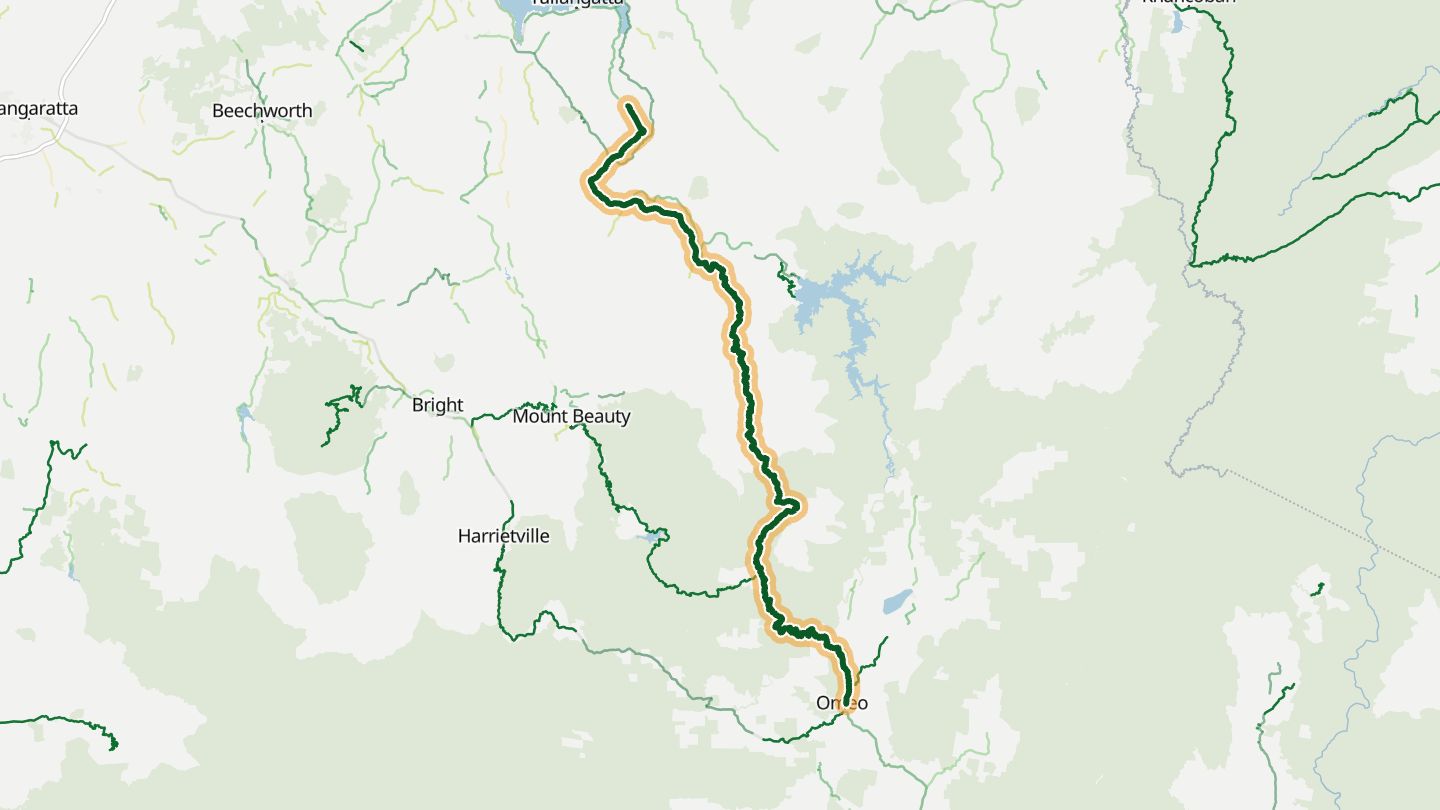 Map of Omeo Highway near Omeo, with the road highlighted