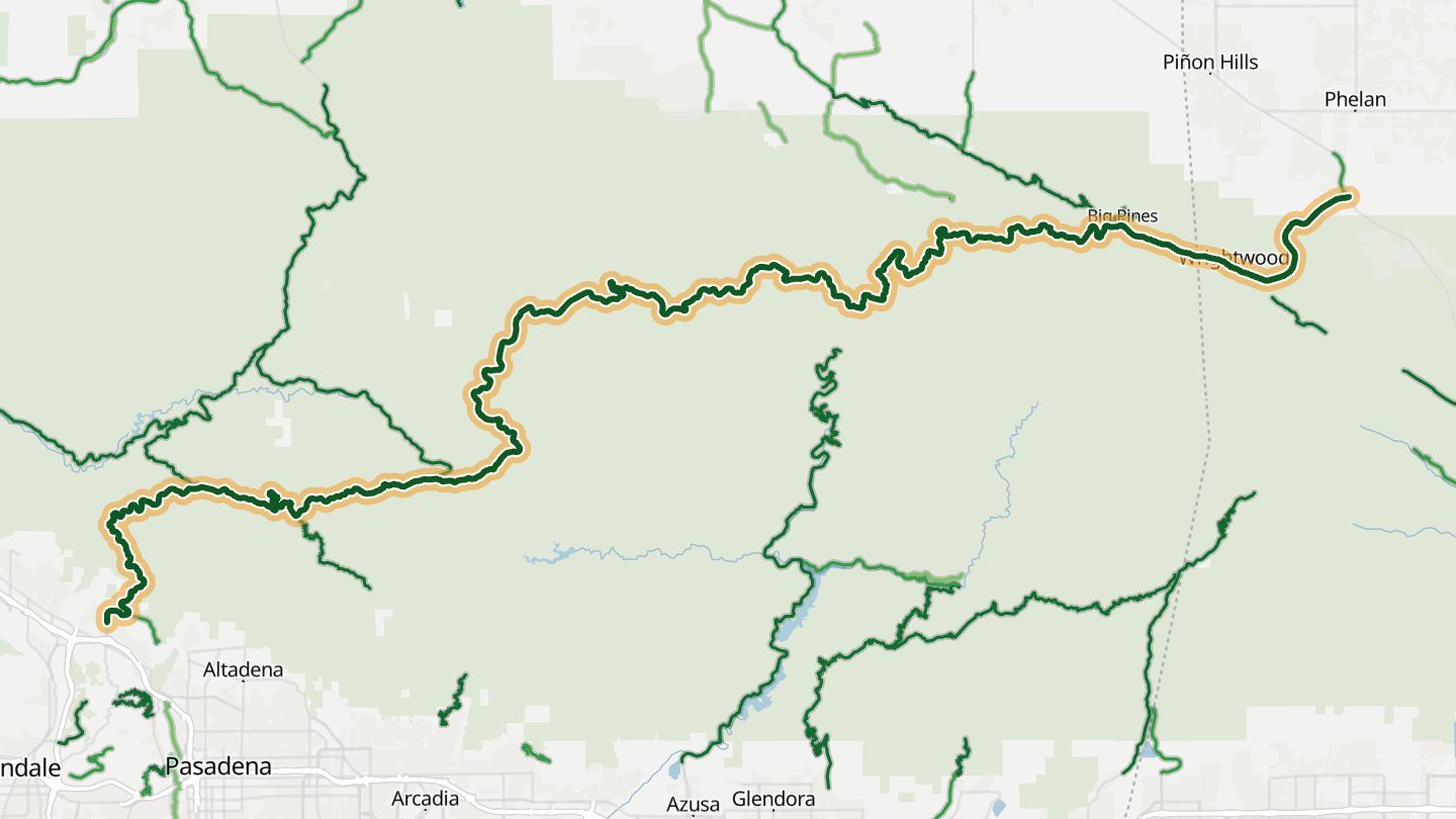 Map of Angeles Crest Highway near La Canada Flintridge, with the road highlighted