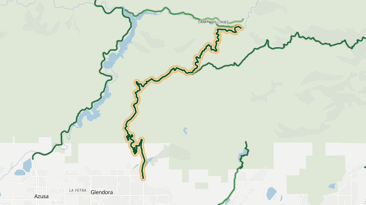 Map of Glendora Mountain Road near Glendora, with the road highlighted