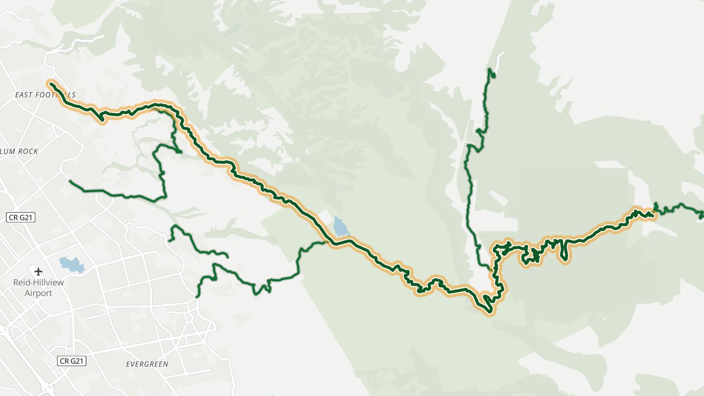 Map of Mount Hamilton Road (CA 130) near San Jose, with the road highlighted