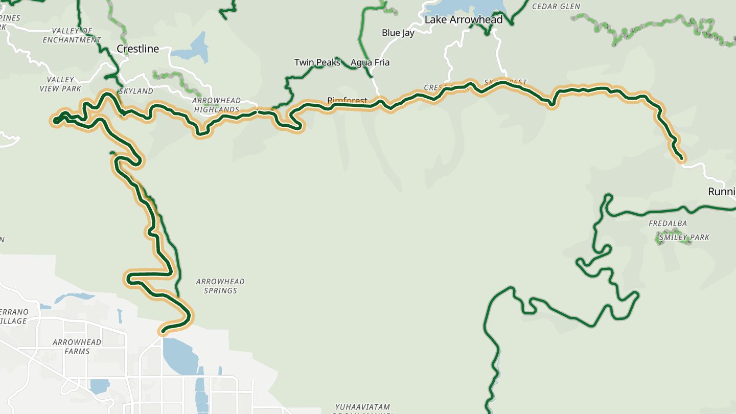 Map of Rim of the World Highway near Crestline, with the road highlighted