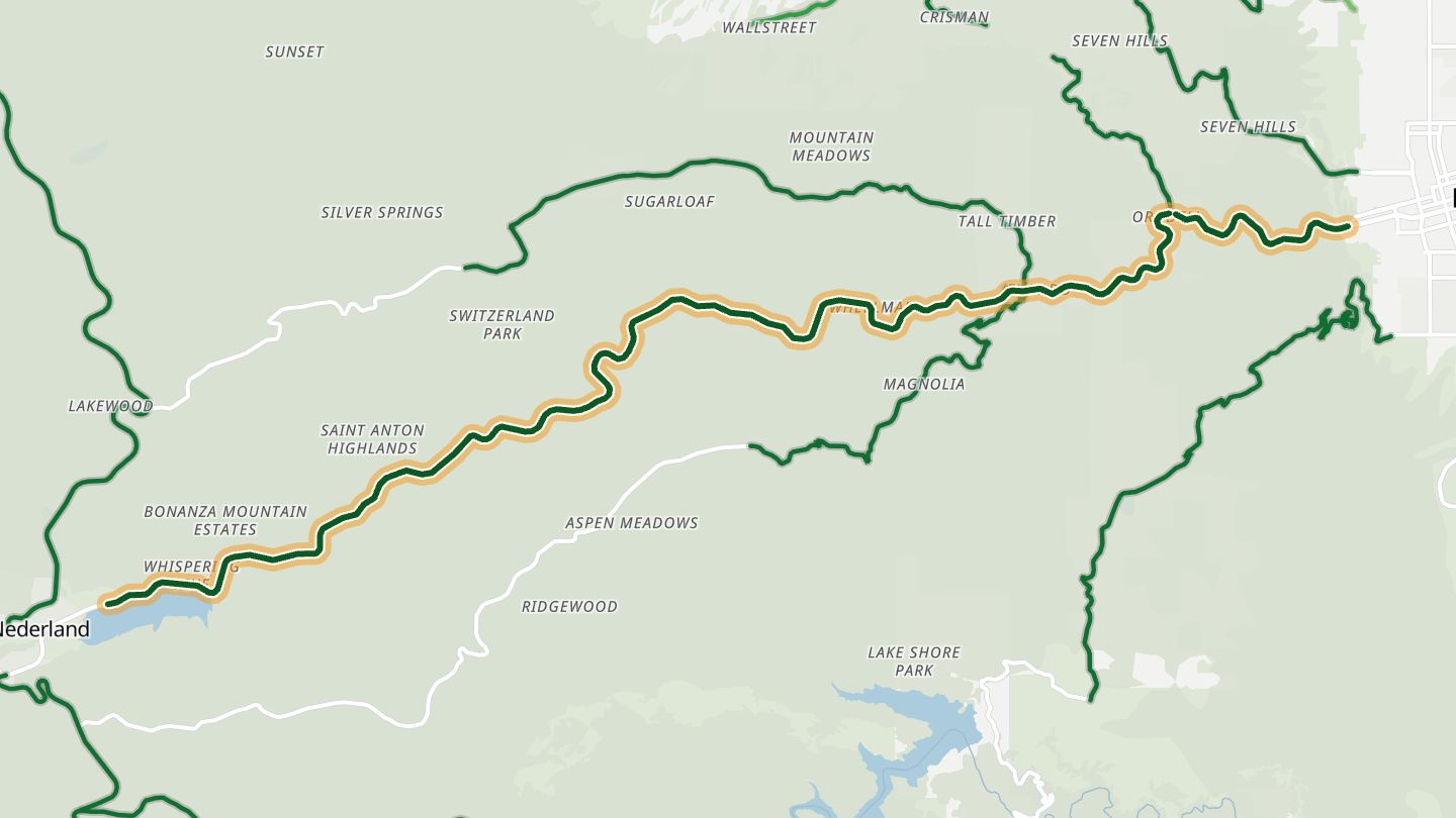 Map of Boulder Canyon (CO 119) near Boulder, with the road highlighted