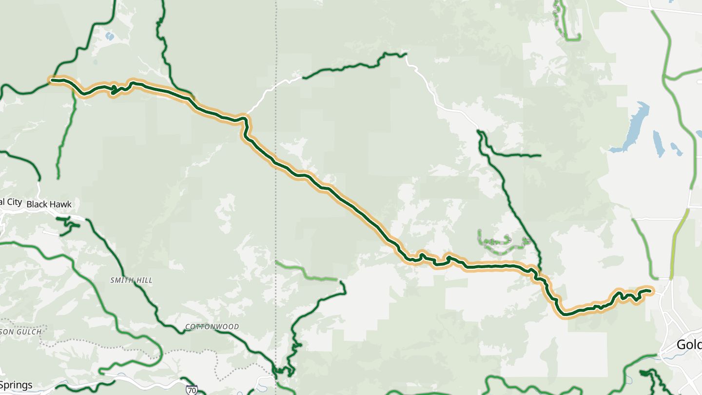 Map of Golden Gate Canyon Road near Golden, with the road highlighted