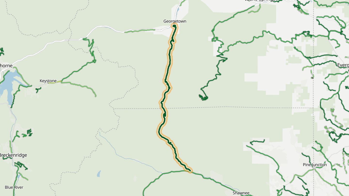Map of Guanella Pass Road near Georgetown, with the road highlighted