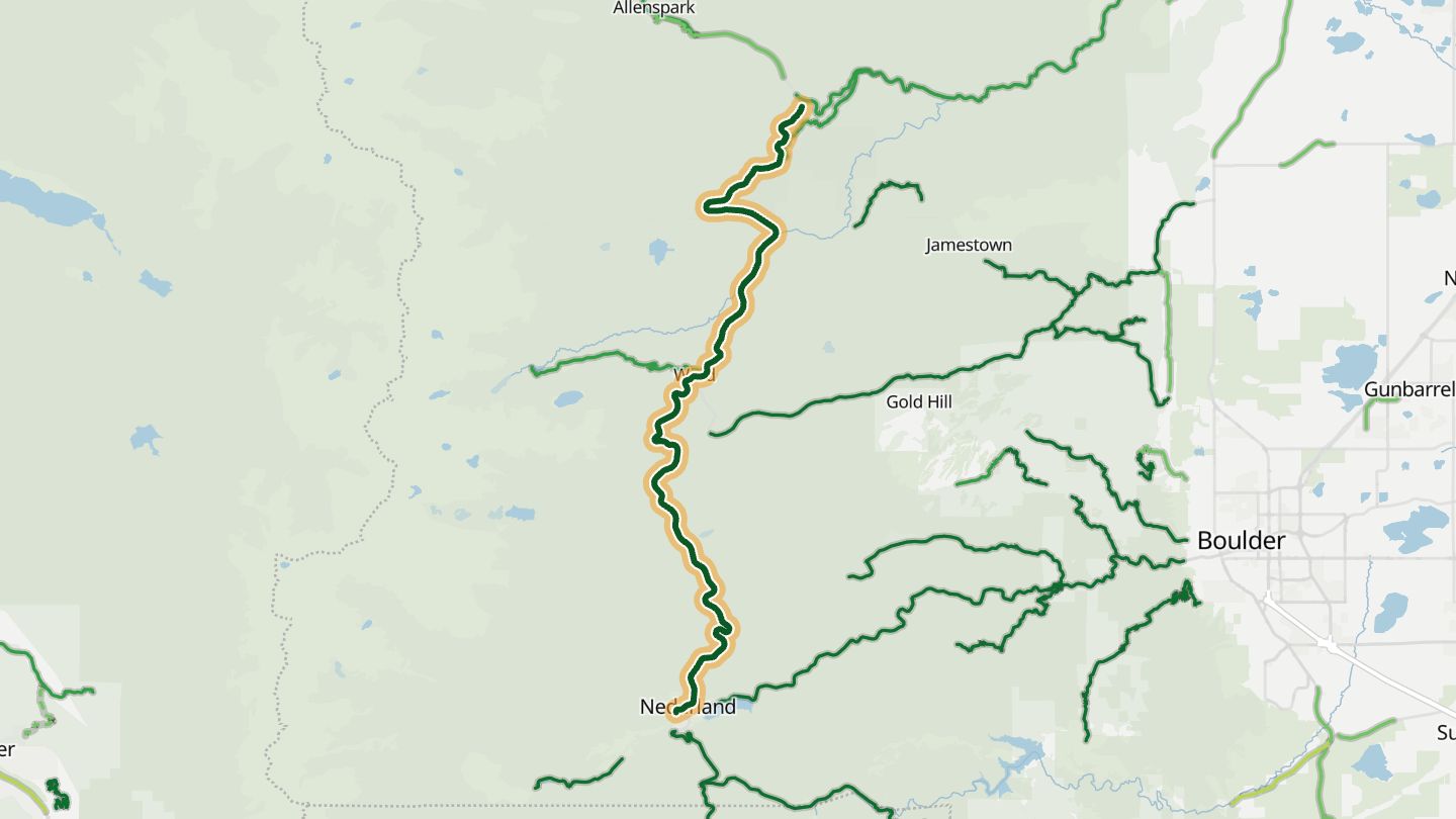 Map of Peak to Peak Highway (CO 72, Ward) near Ward, with the road highlighted