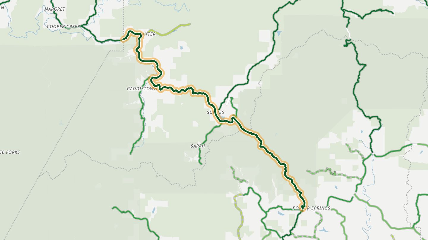 Map of Georgia 60 (Woody Gap to Suches) near Suches, with the road highlighted