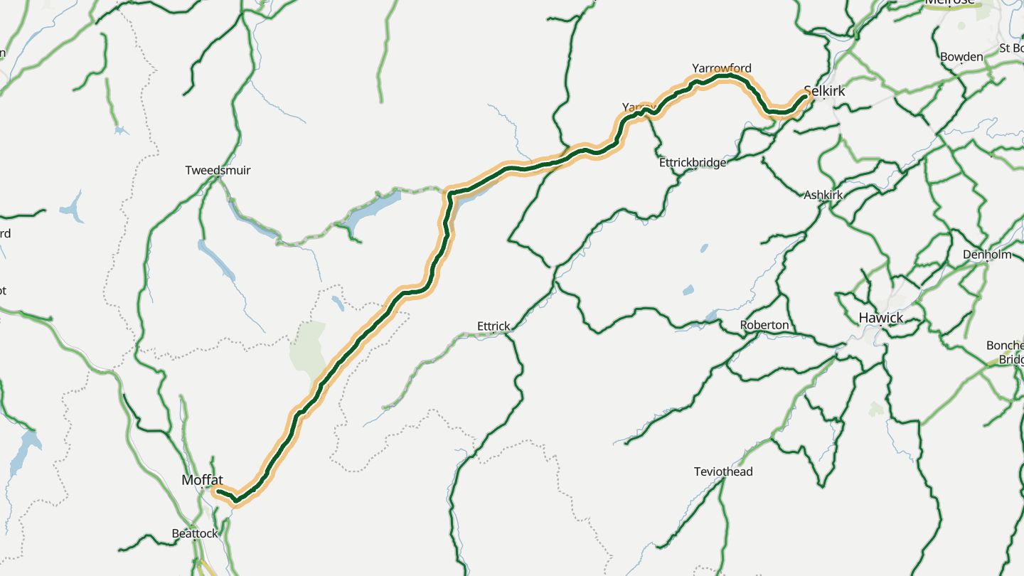Map of A708 Moffat–Selkirk (St Mary's Loch) near Moffat, with the road highlighted