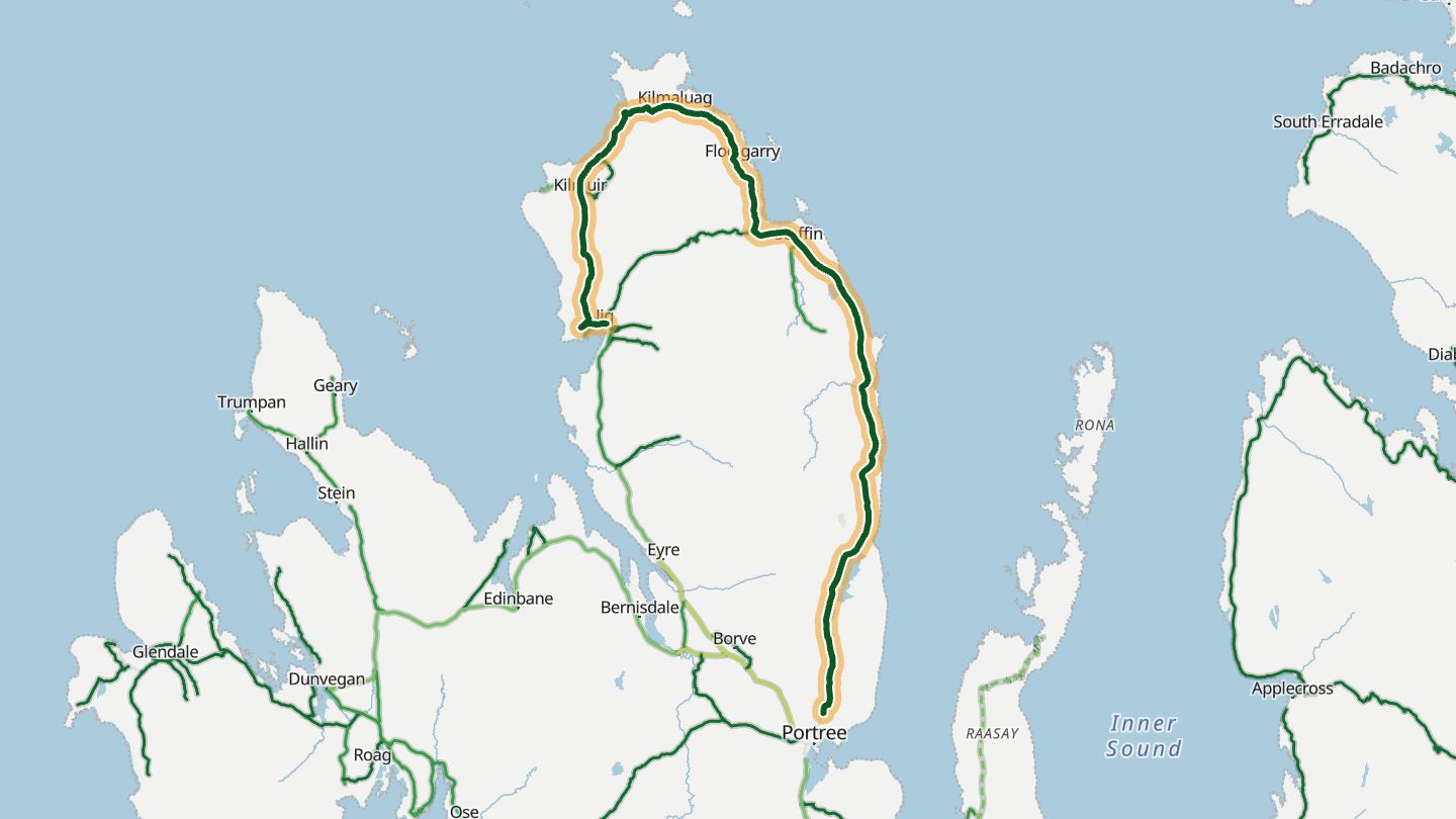 Map of A855 Trotternish loop near Staffin, with the road highlighted