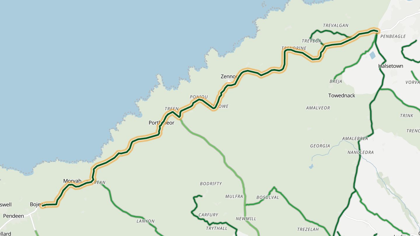 Map of B3306 St Ives–St Just coast road near St Ives, with the road highlighted