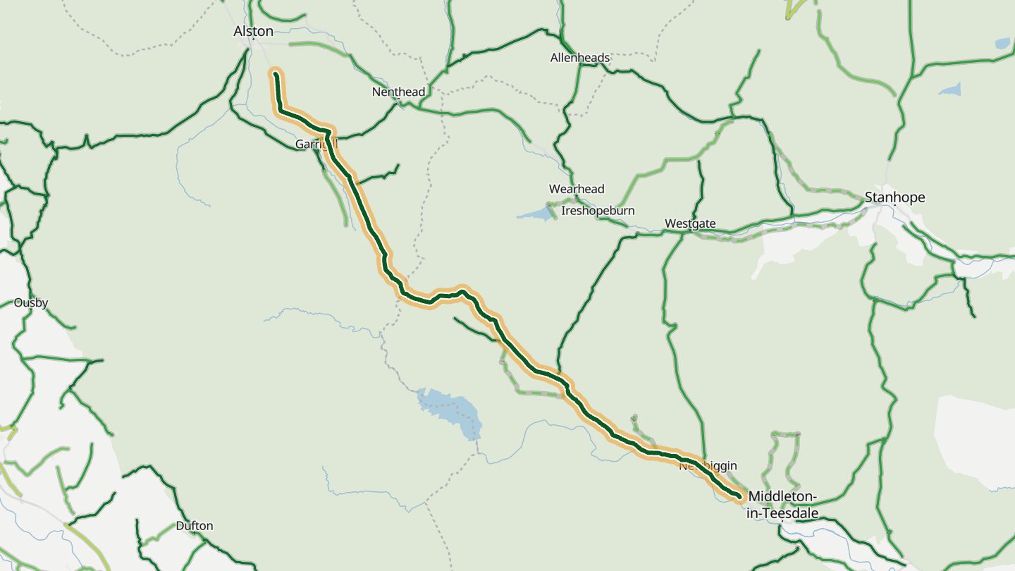 Map of B6277 Middleton-in-Teesdale–Alston near Middleton-in-Teesdale, with the road highlighted