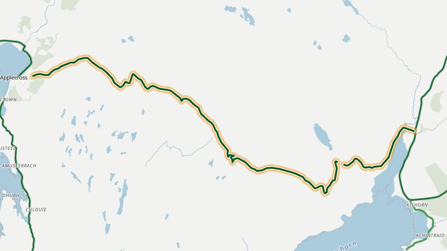 Map of Bealach na Bà (Applecross pass) near Applecross, with the road highlighted