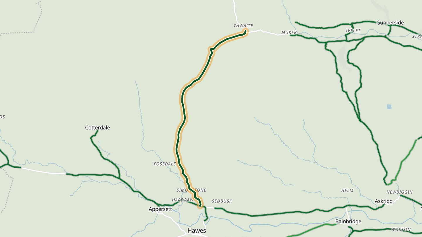 Map of Buttertubs Pass (Hawes–Thwaite) near Hawes, with the road highlighted