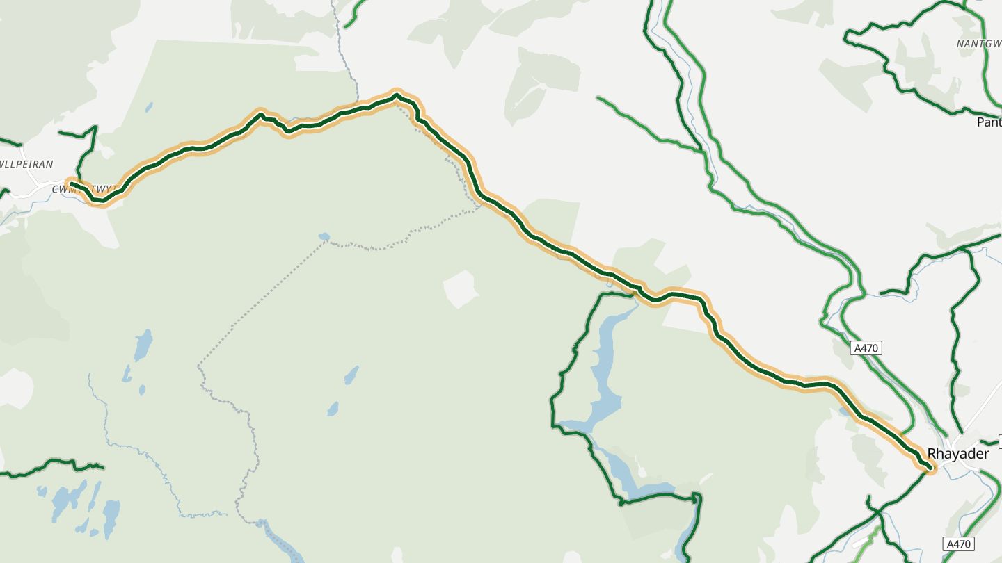 Map of Elan Valley mountain road (Rhayader–Cwmystwyth) near Rhayader, with the road highlighted