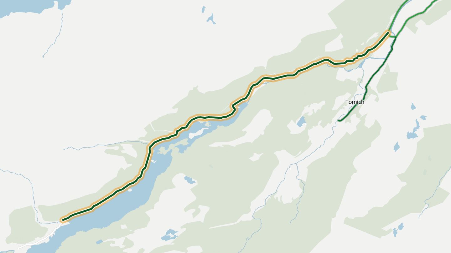 Map of Glen Affric Road near Cannich, with the road highlighted