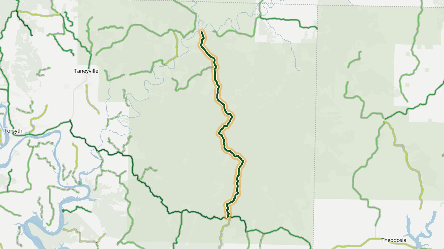Map of Missouri 125 near Protem, with the road highlighted