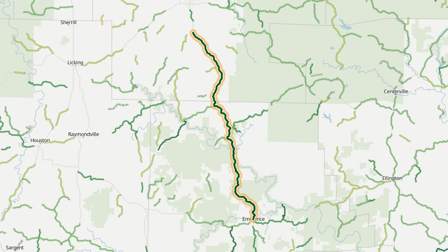 Map of Missouri 19 near Eminence, with the road highlighted
