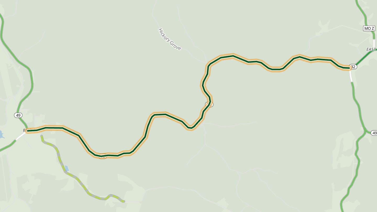 Map of Missouri 32 and 49 near Bixby, with the road highlighted
