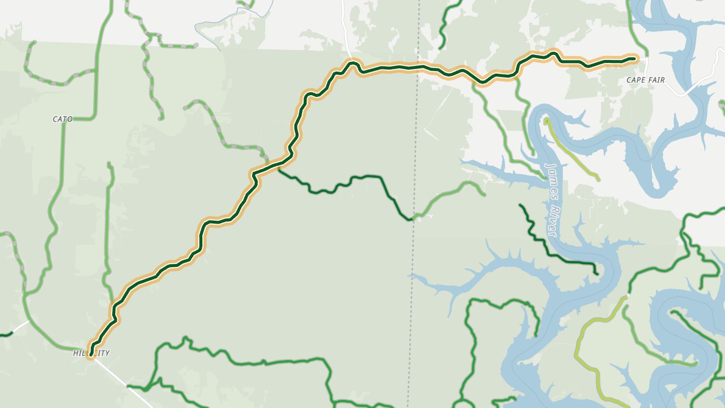 Map of Missouri 76 near Shell Knob, with the road highlighted