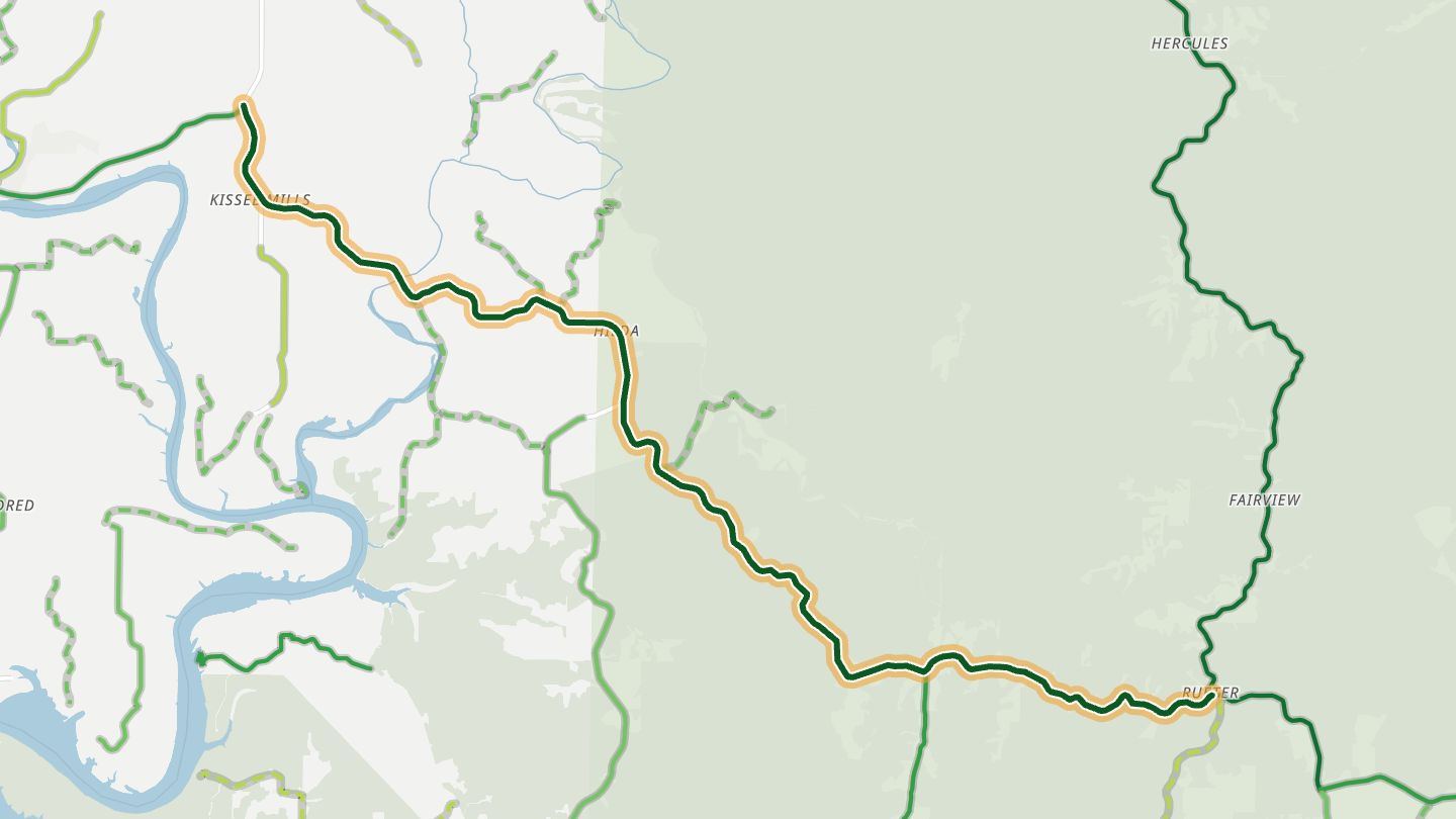 Map of US 160 near Kissee Mills, with the road highlighted