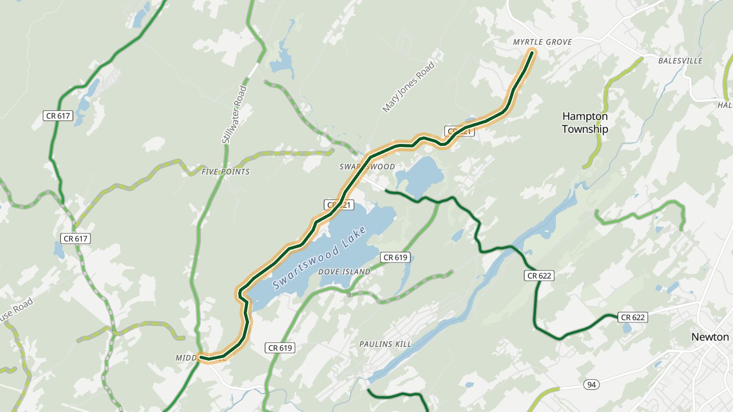 Map of CR 521 along Swartswood Lake near Swartswood, with the road highlighted