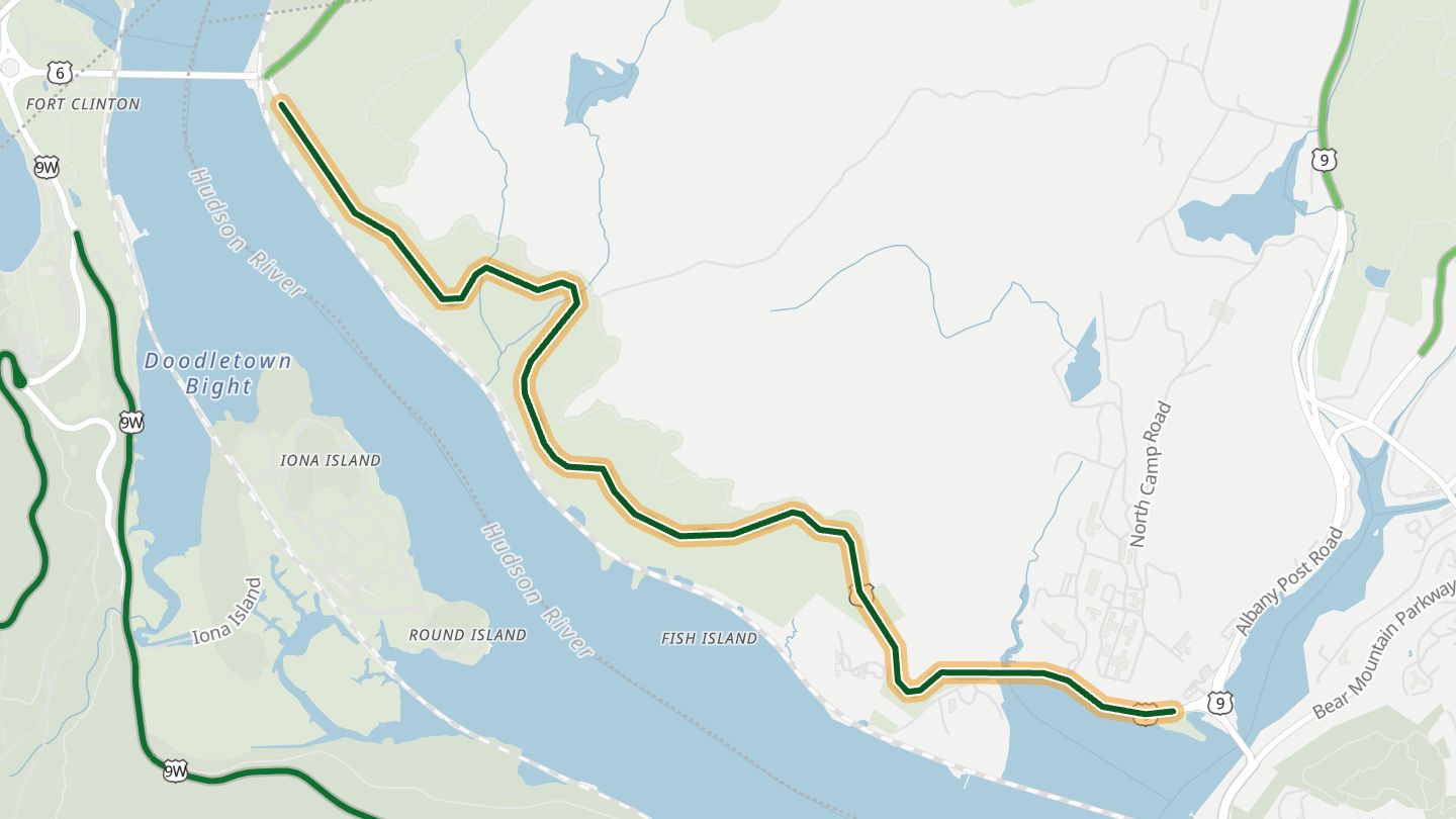 Map of Bear Mountain Bridge Road (US 6/202) near Peekskill, with the road highlighted
