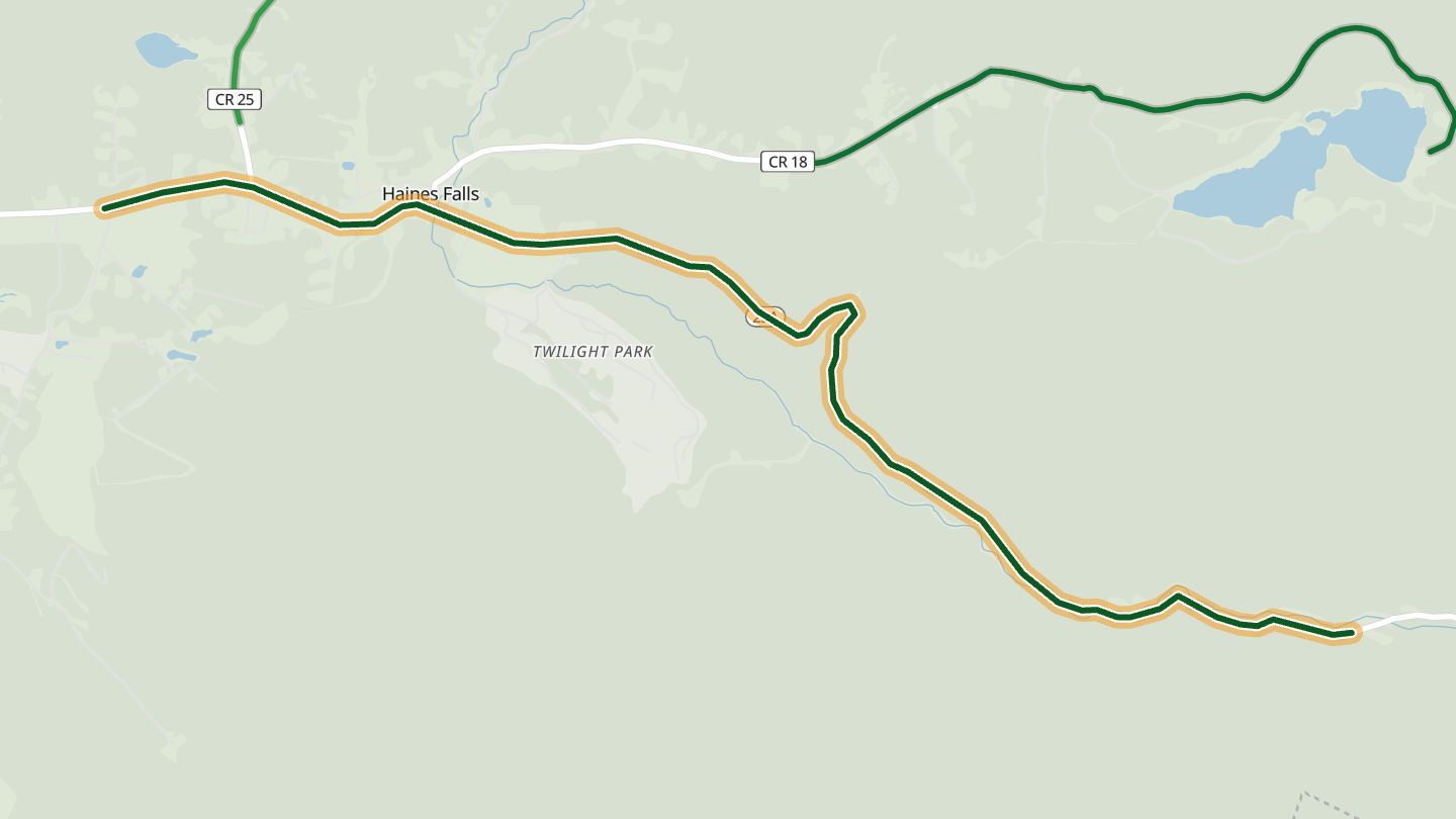 Map of Kaaterskill Clove (NY 23A) near Palenville, with the road highlighted