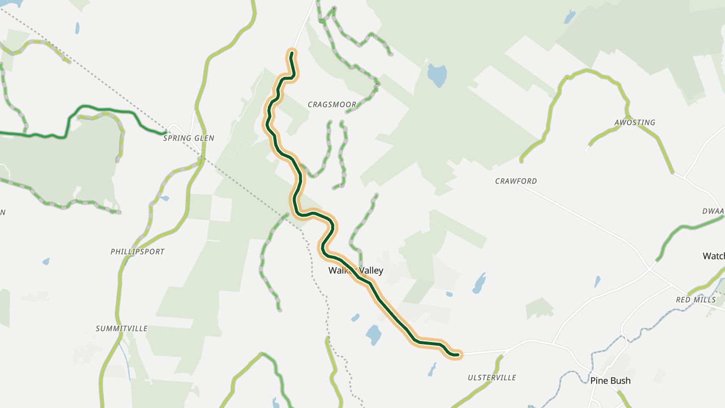 Map of NY 52 over the Shawangunks near Ellenville, with the road highlighted