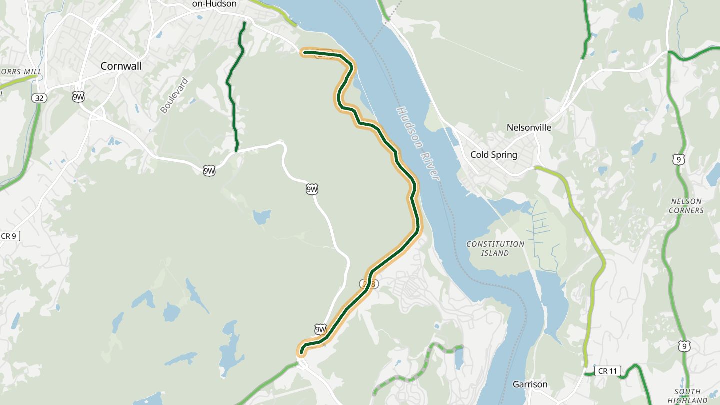 Map of Storm King Highway (NY 218) near Cornwall-on-Hudson, with the road highlighted