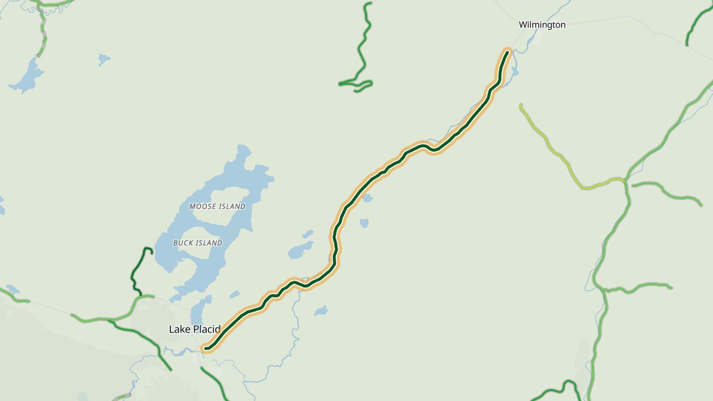 Map of Wilmington Notch (NY 86) near Lake Placid, with the road highlighted