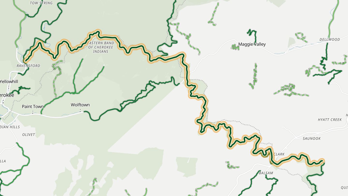 Map of Blue Ridge Parkway near Maggie Valley, with the road highlighted
