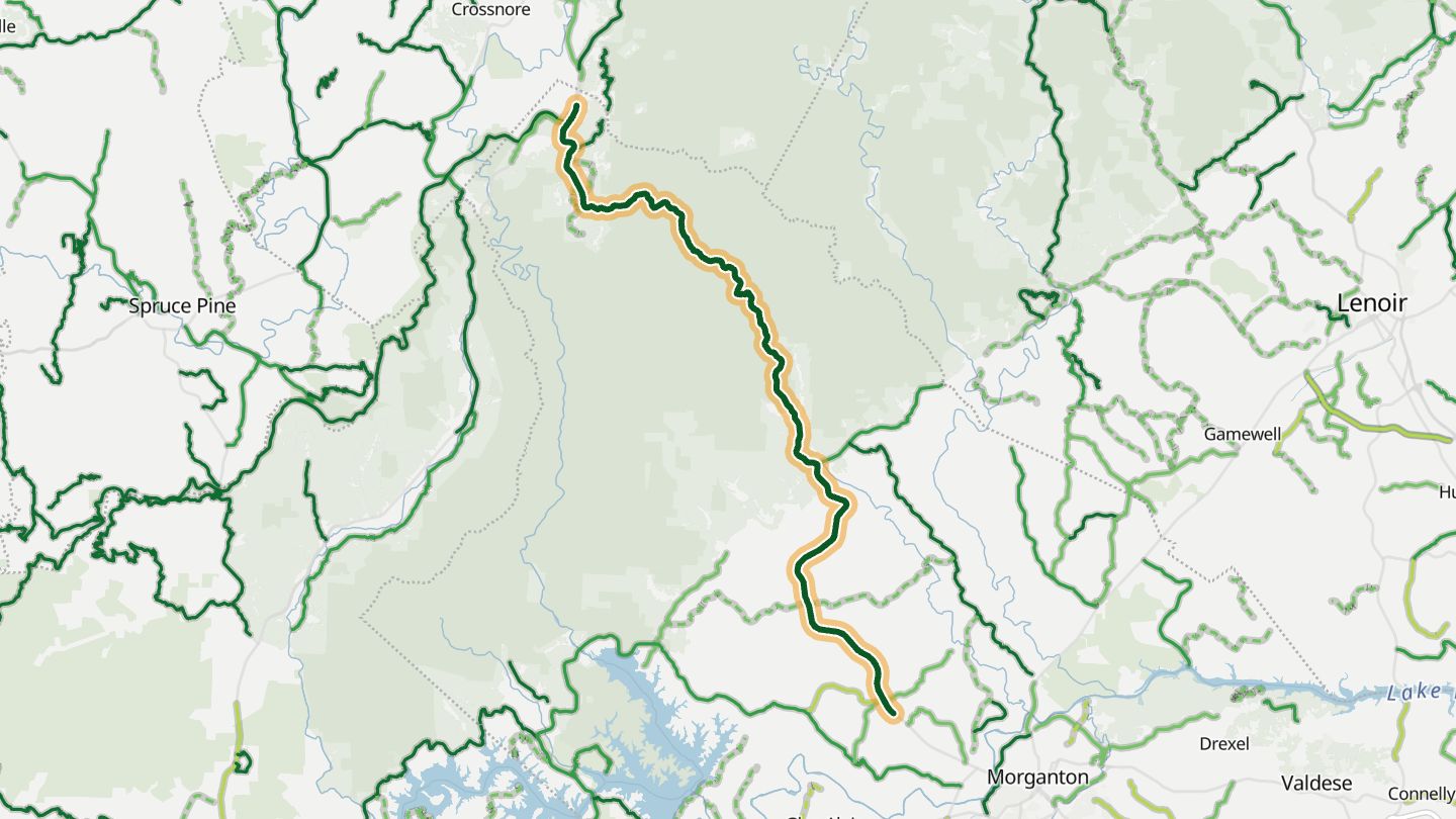 Map of NC 181 near Jonas Ridge, with the road highlighted