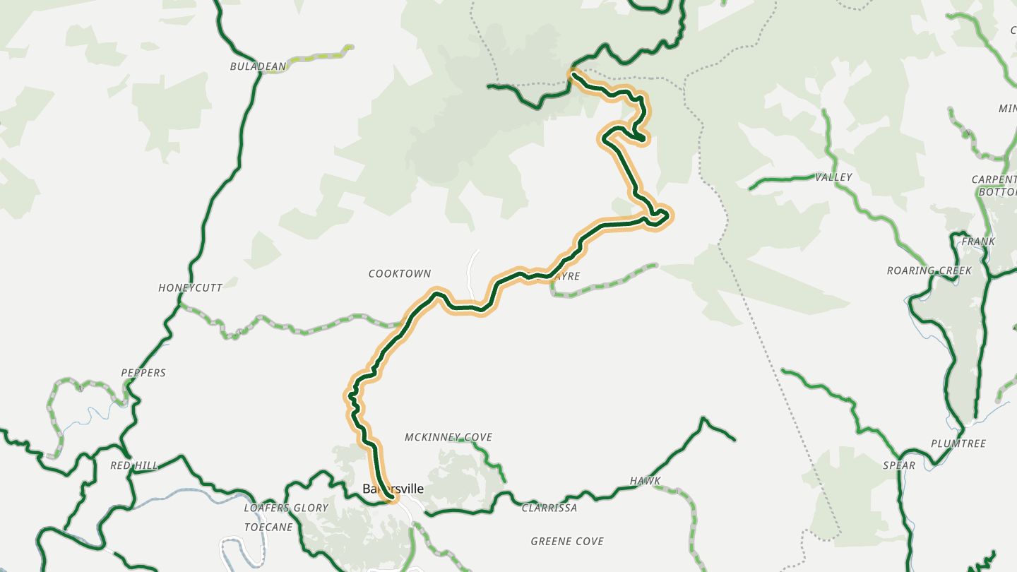 Map of NC 261 near Bakersville, with the road highlighted