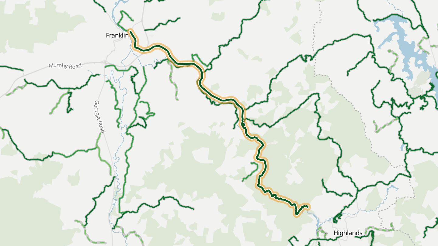Map of US 64 (Highlands Road) near Franklin, with the road highlighted