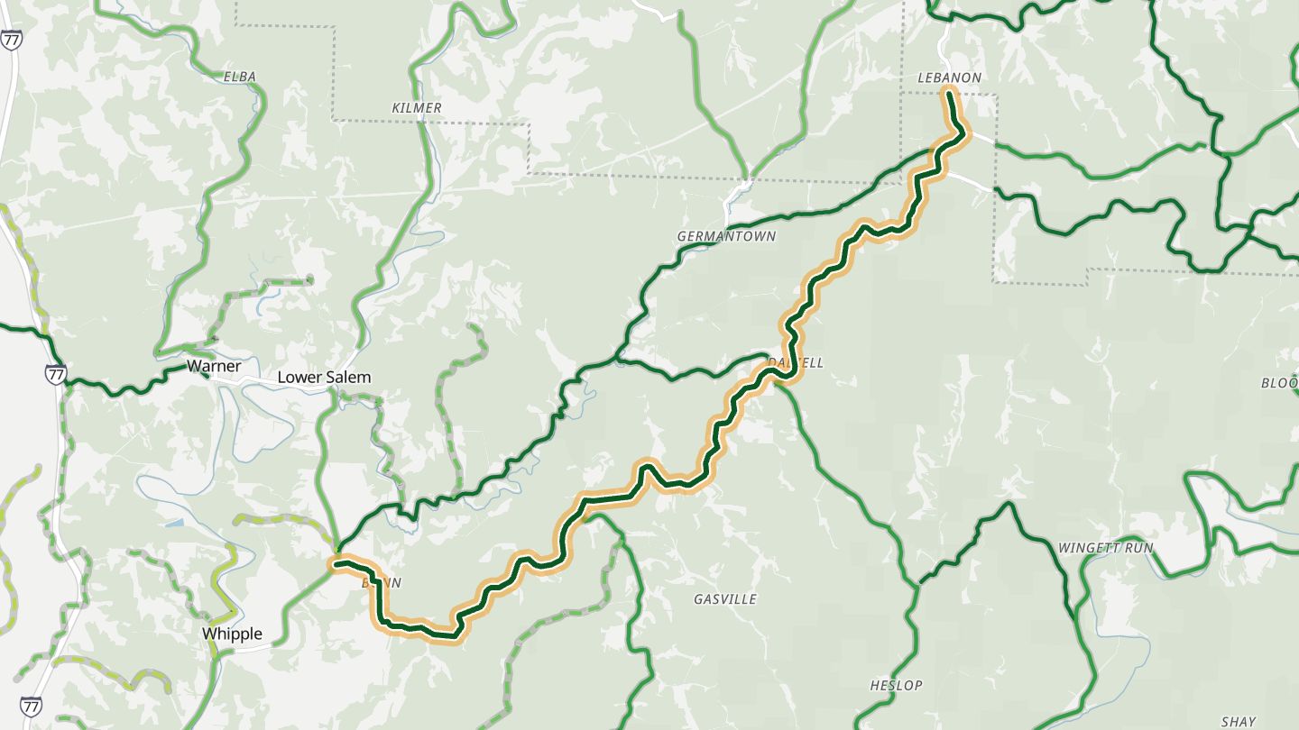 Map of Dalzell Road near Whipple, with the road highlighted