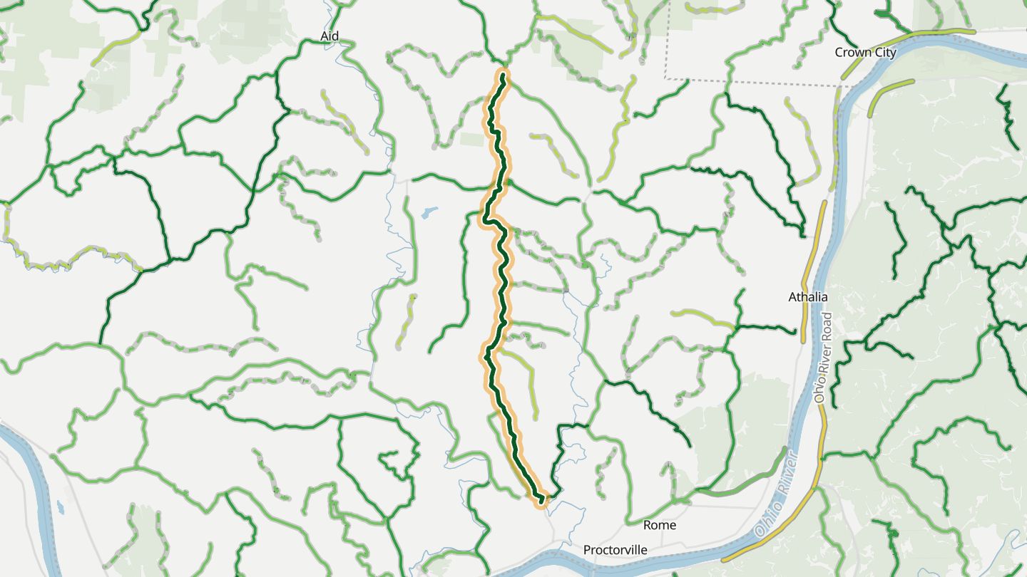 Map of Greasy Ridge Road near Ironton, with the road highlighted