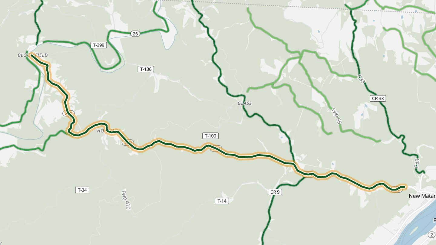 Map of SR 260 near New Matamoras, with the road highlighted