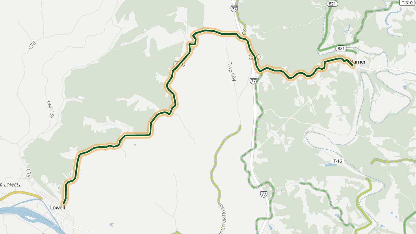 Map of SR 530 near Lowell, with the road highlighted