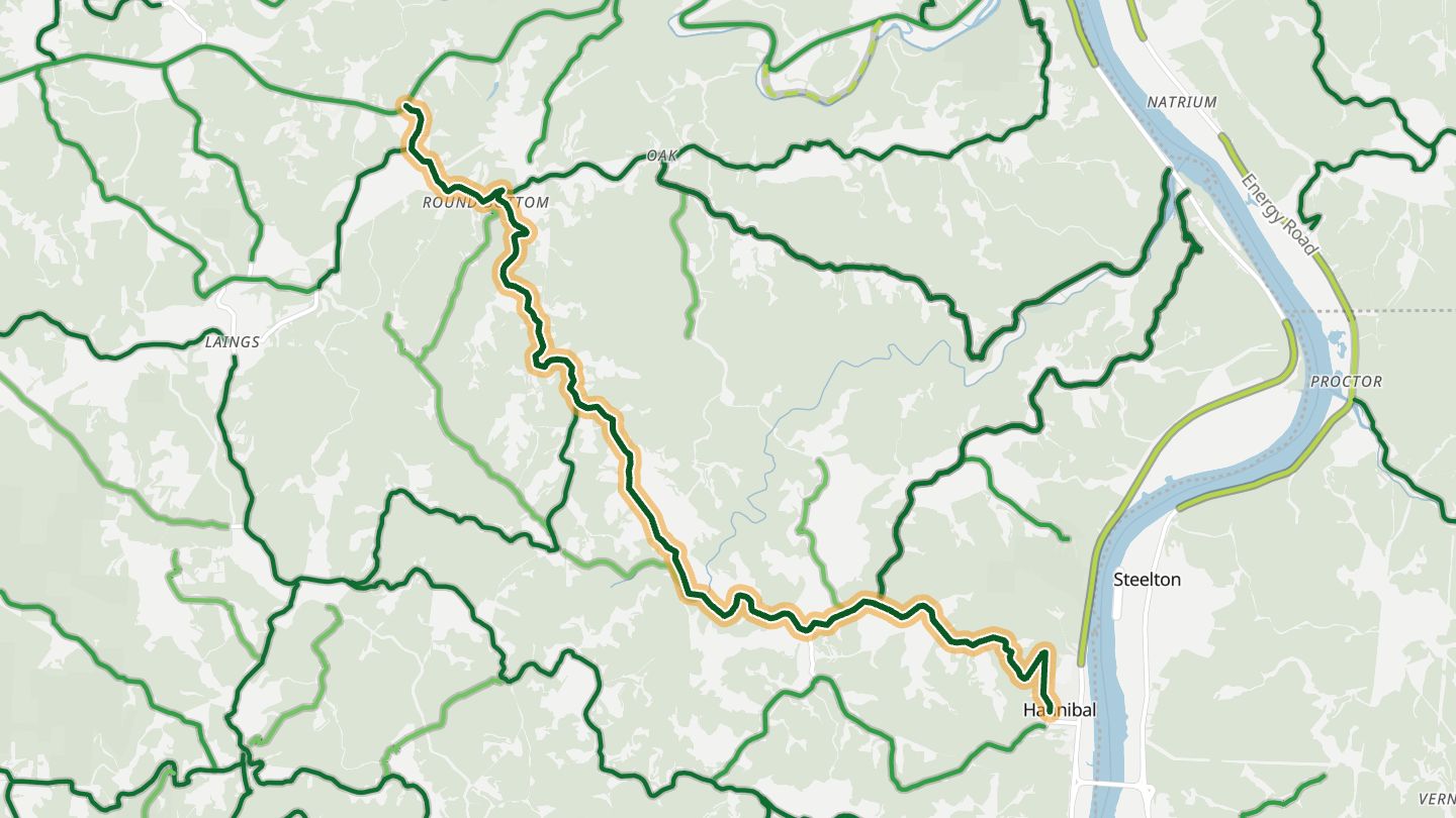 Map of SR 536 near Hannibal, with the road highlighted