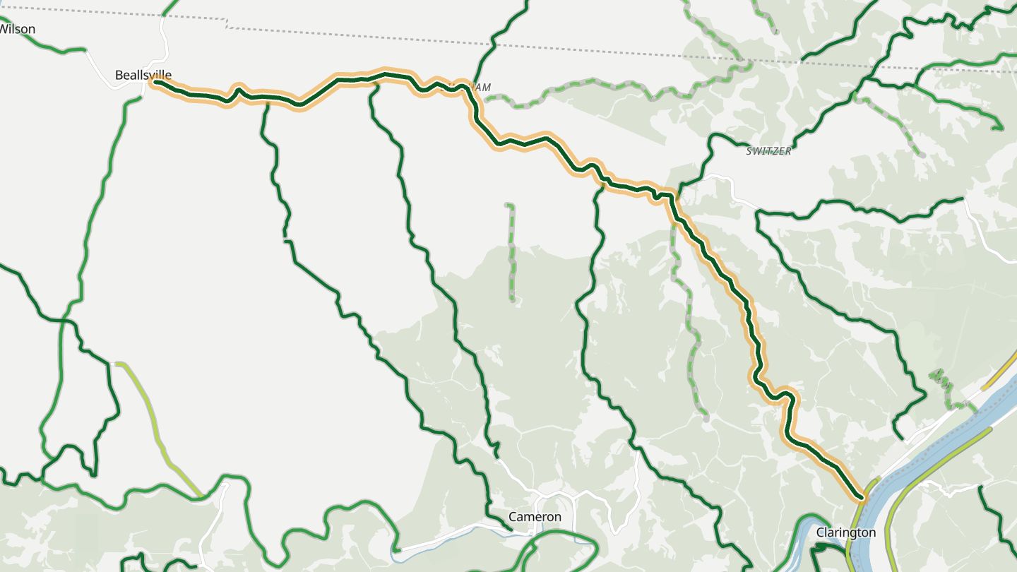 Map of SR 556 near Beallsville, with the road highlighted