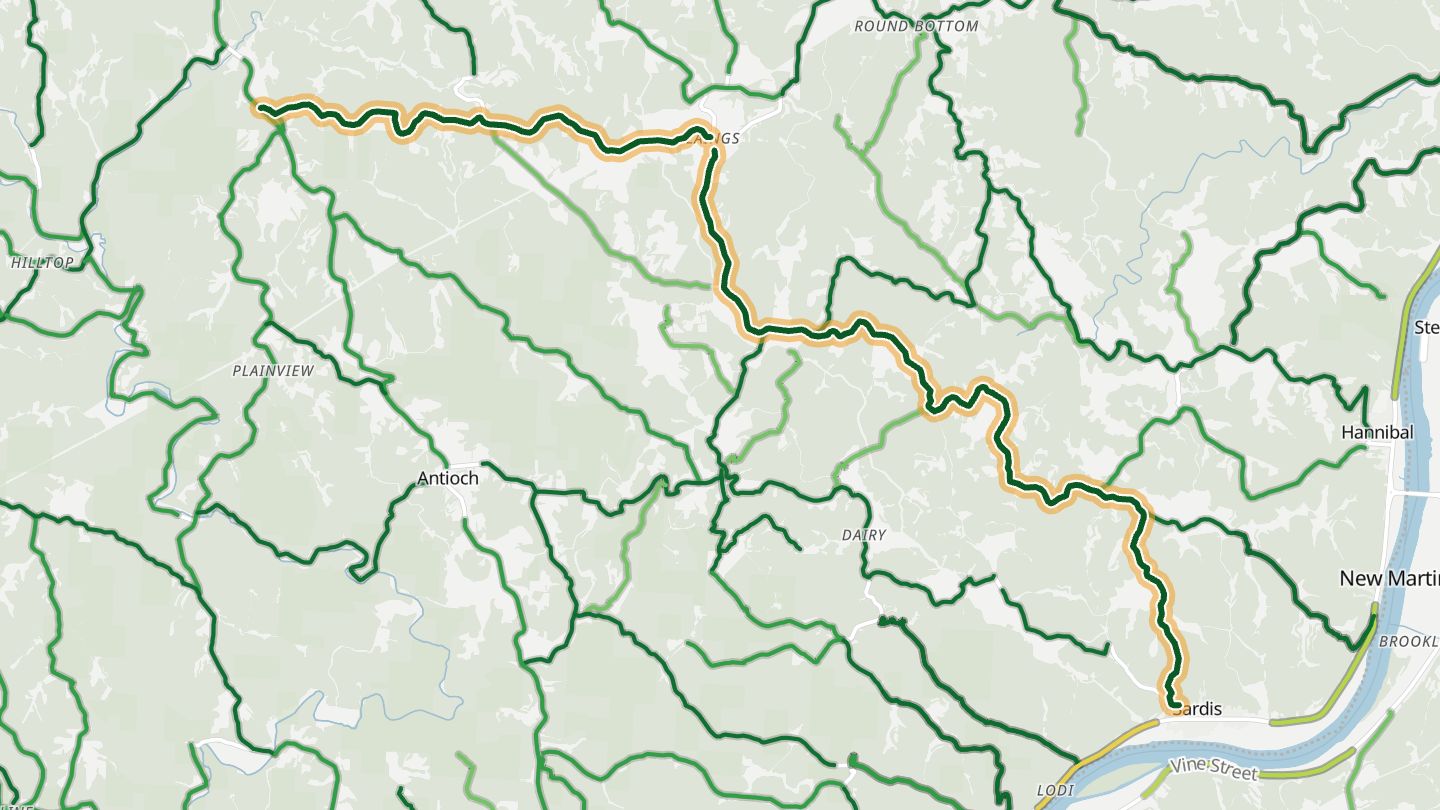 Map of State Route 255 near Paden City, with the road highlighted