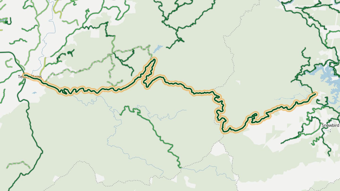 Map of Cherohala Skyway near Tellico Plains, with the road highlighted