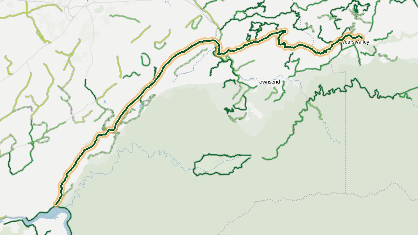 Map of Foothills Parkway near Walland, with the road highlighted