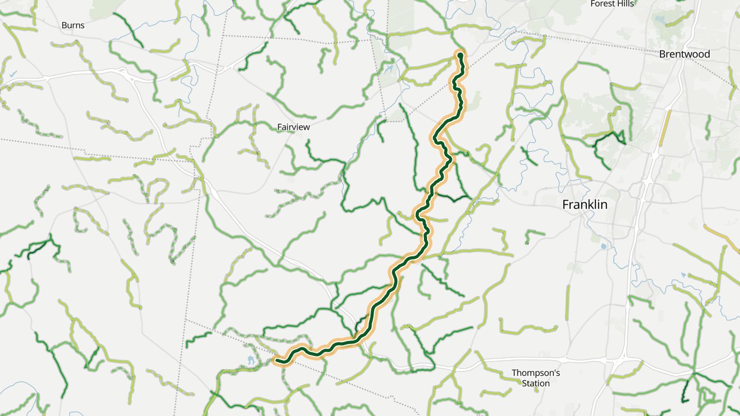 Map of Natchez Trace Parkway near Franklin, with the road highlighted