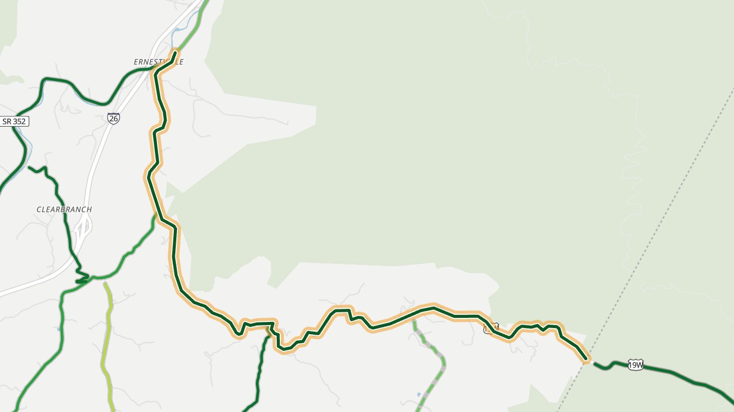 Map of Spivey Mountain Road near Erwin, with the road highlighted
